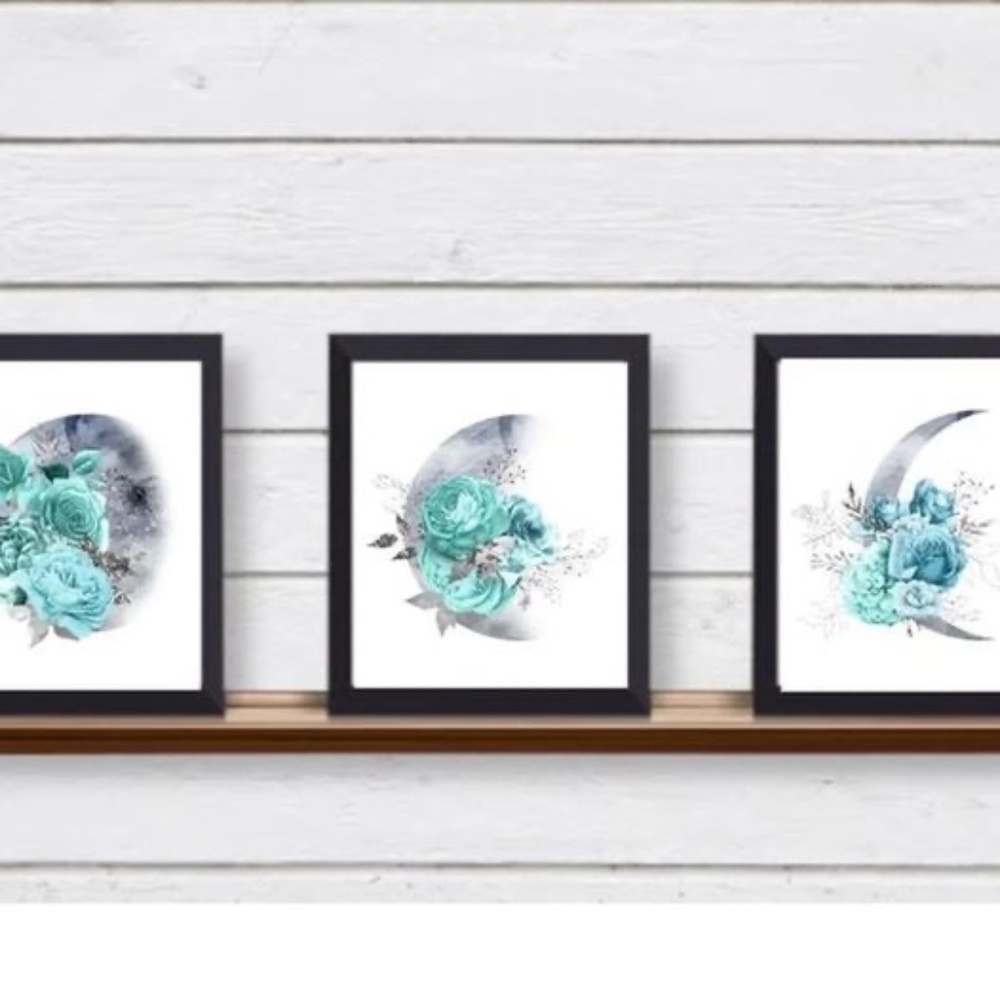Set of 3 Moon Phases TEAL/TURQUOISE Floral UNFRAMED Wall Art Prints Moonphases